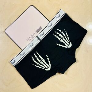 💀PINK VICTORIA’S SECRET Cotton Boyshorts Black Skeleton Hands Glow In The Dark M